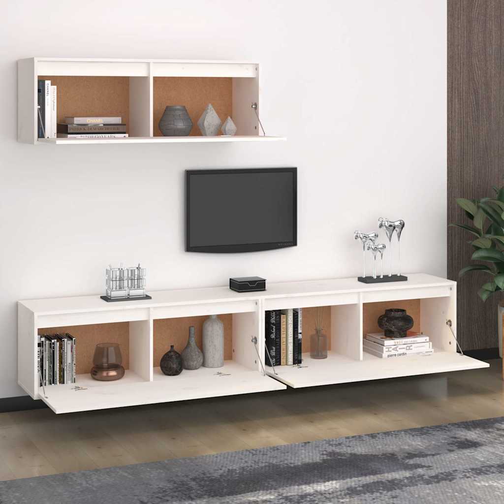 3 Piece TV Cabinet Set White Solid Pine Wood