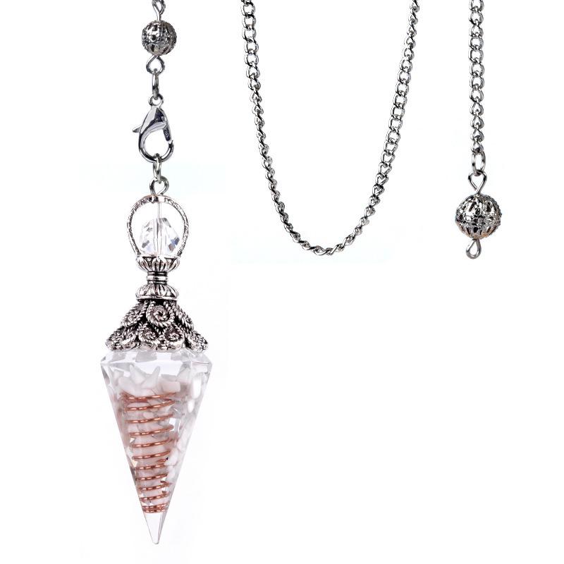 

Antique Silver Crystal Hexagonal Pyramid Pendant with Multicolored Semi-Precious Stone Chips
