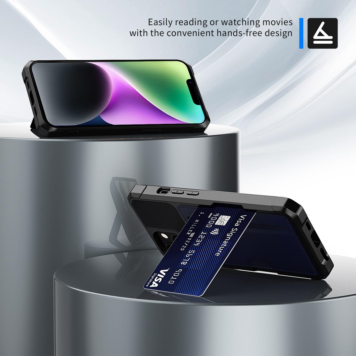 

For iPhone 14 ZM02 Card Slot Phone Case Enhanced Corner PU Leather+TPU Cover with Car Mount Metal Sheet A