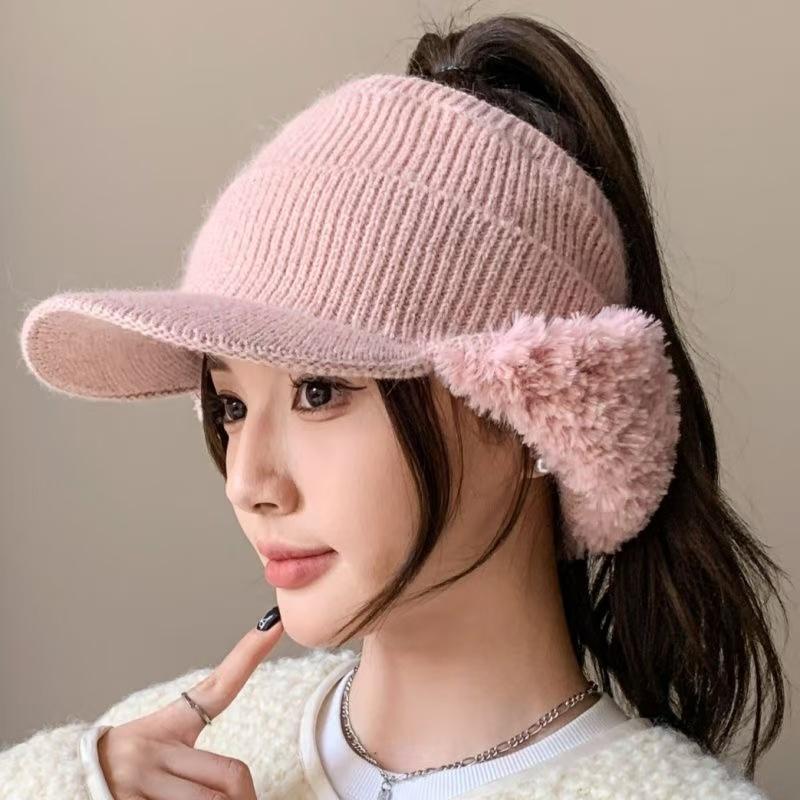 

Hot Sale Women Warm Visor Hat With Earflap Fashion Plush Fur Knitted Hat Soft Winter Beanie Hats Female Streetwear Ponytail Cap 56cm-60cm рожевий