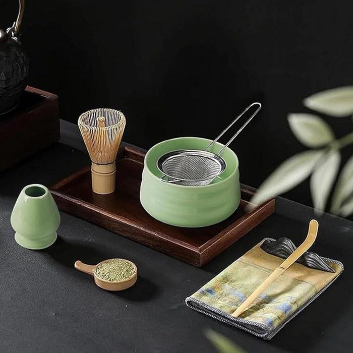 [Matcha] 7-Piece Tea Ceremony Set Japanese Tea Set Tea Utensils Matcha Bowl, Chasen Whisk, Chashaku Spoon, and Accessories (Green)