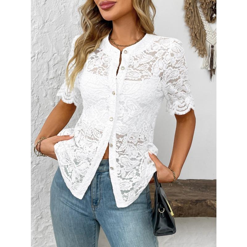 Womens Lace Crochet Short Sleeve Blouse With Round Neck Button Down Casual Hollow Out Top