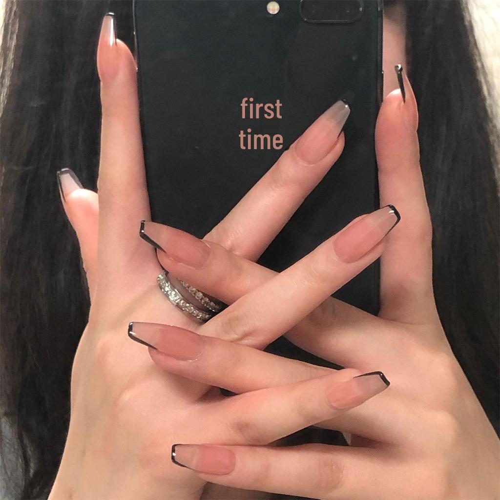 Black French Short Ballet Wearable False Nails with Removable Nail Art Stickers