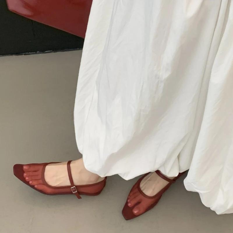 Fashion Retro Mesh Brand Flat Ballet Flat Shoe Women Fashion Buckle Square Toe Shallow Mary Jane Shoe Summer Casual Non Slip Flat Sandal