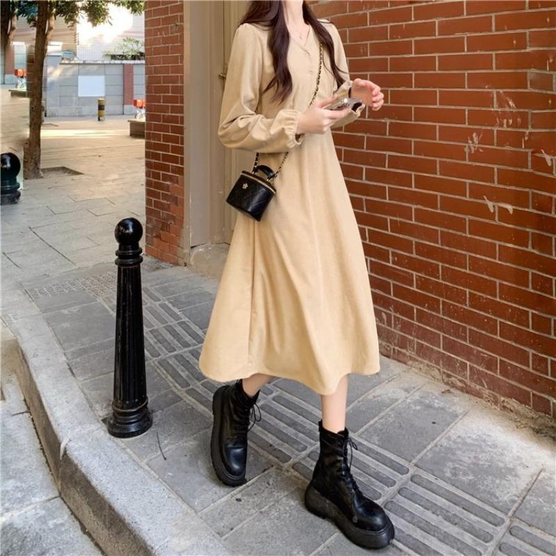 Women's Spring French Style Retro V-neck Strap Waist Slimming Quality Corduroy Dress