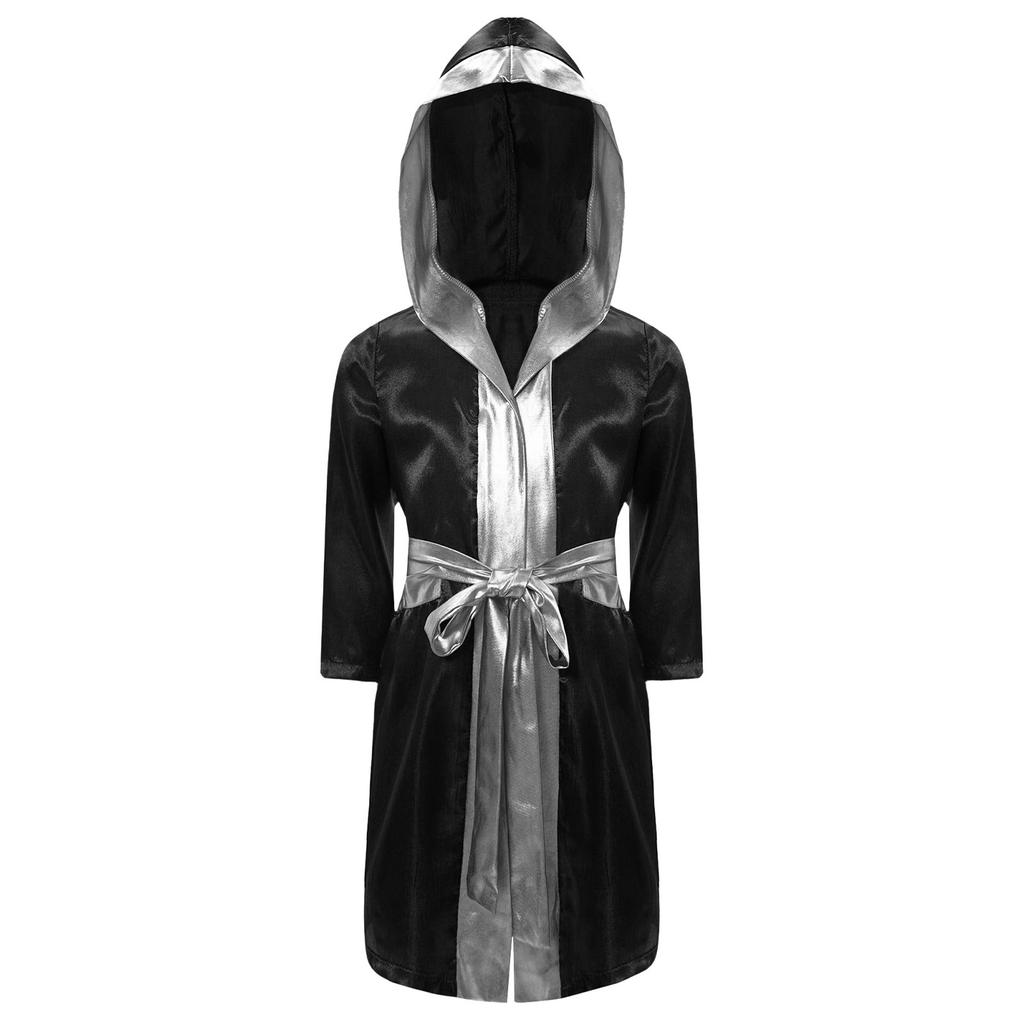 Unisex Çocuk Boks Robası Cadılar Bayramı Cosplay Kostümü Uzun Kollu Önü Açık Metalik Kenarlı Saten Kapüşonlu Pelerin Kemer