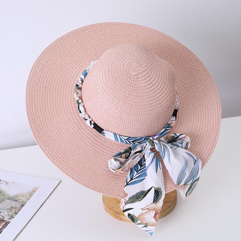 New Women's Summer UV Protection Sweet Ribbon Seaside Vacation Sunshade Bucket Hat Bow Large Brim Straw Hat