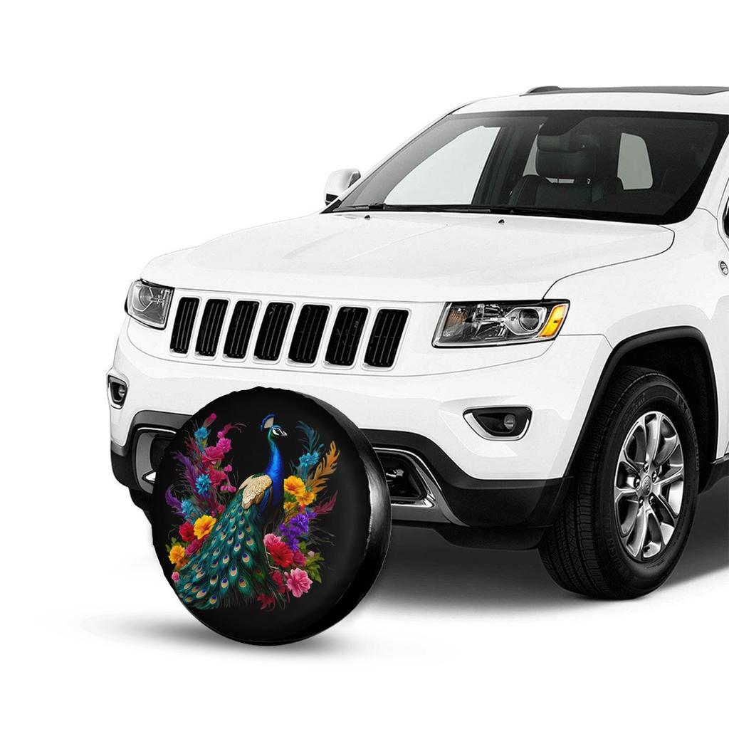 Peacock With Flowers Spare Tire Cover Durable Polyester Waterproof SUV Trailer Wheel Protector