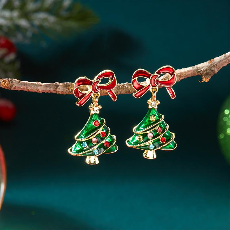 Red Bow Christmas Tree Earrings for Women Colorful Crystal Festive Holiday Dangle Drop Jewelry Gift Girls Best Friend Party