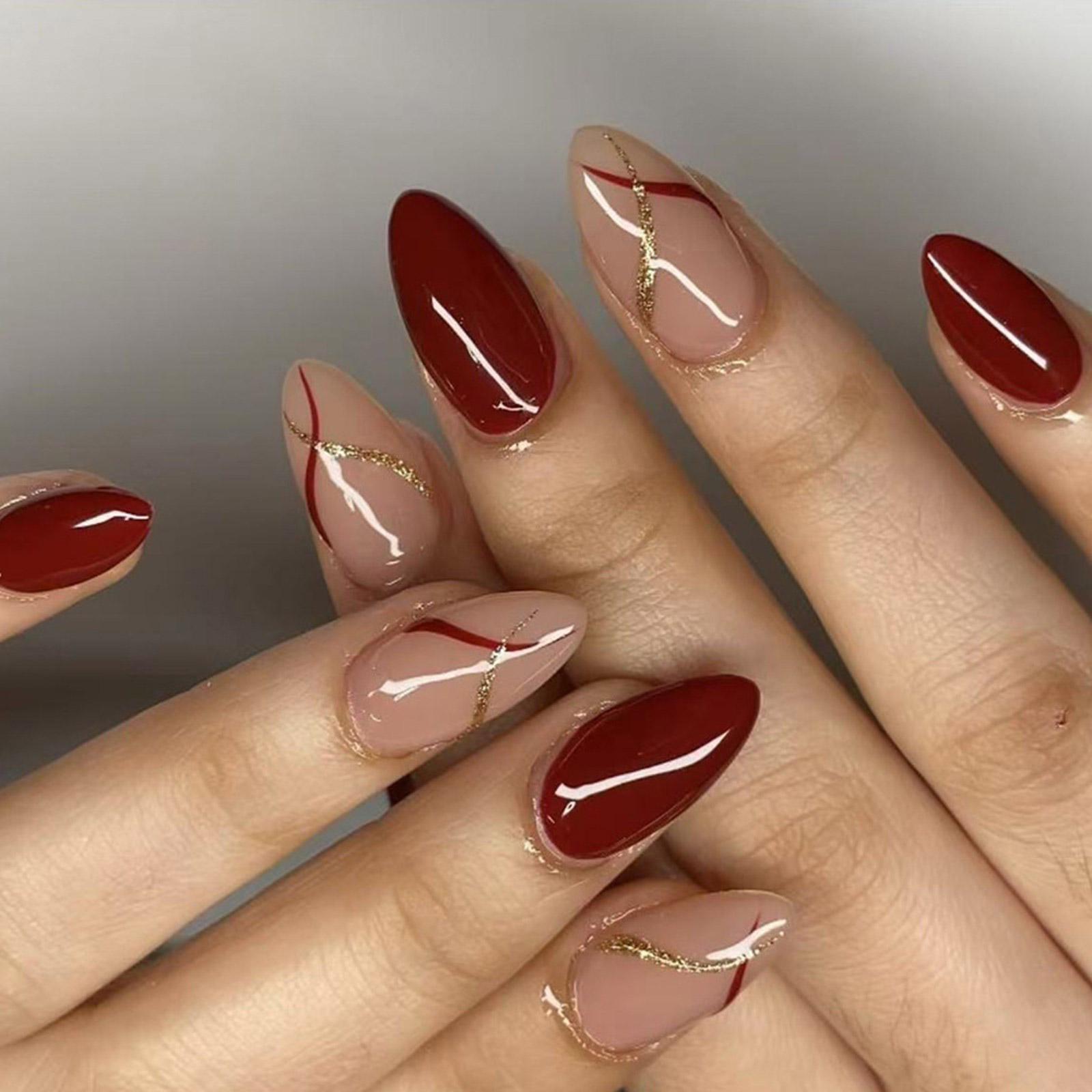 

Короткие миндальные накладные ногти с глянцевым покрытием для новогоднего французского акрилового маникюра для женщин и девочек 24 шт.