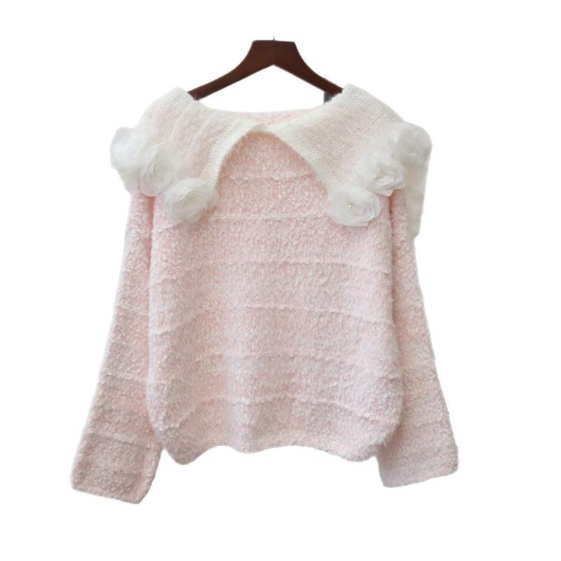 Autumn and Winter New Doll Collar Three-dimensional Flower Knitted Sweater Top Soft Waxy Loose Gentle Wind Sweater Pullover Woman
