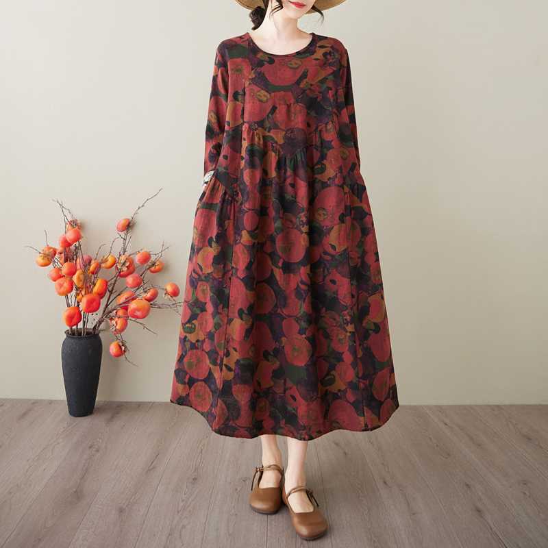 Spring and Summer New Style Retro Cotton and Hemp Round Collar Pocket Long-sleeved Dress Female Loose Thin A Line Skirt