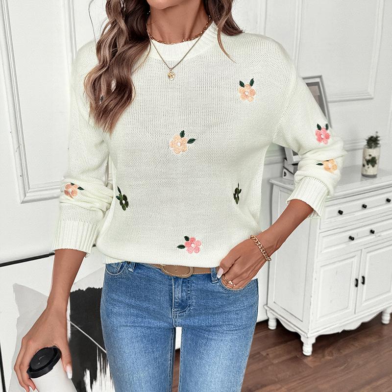 Women's Fashion Casual Fall Winter Flower Pattern Print Long Sleeve O-Neck Sweaters