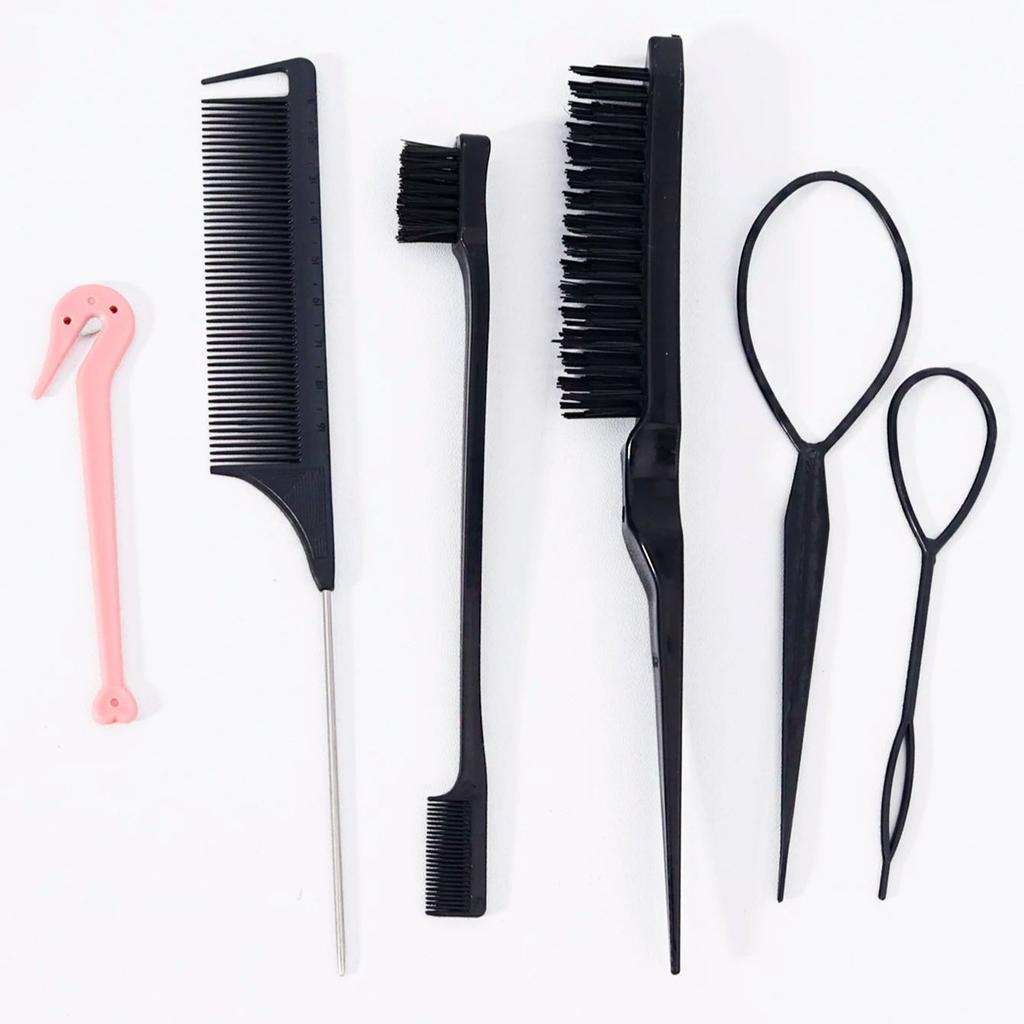 6pcs Hairdressing tool set,weaving tool ring,rat tail comb,tearing comb brush,edge control brush,suitable for all hair types