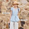 Fragrant Blue Linen Lightweight Shirt for Women, 2026 Summer New Style French V-neck Shirt, Slim Fit Waist Pinching Top