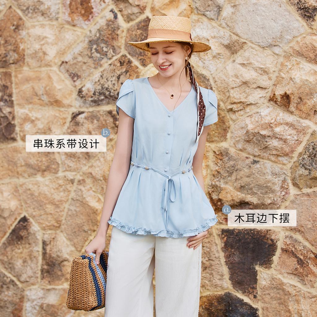 Fragrant Blue Linen Lightweight Shirt for Women, 2026 Summer New Style French V-neck Shirt, Slim Fit Waist Pinching Top