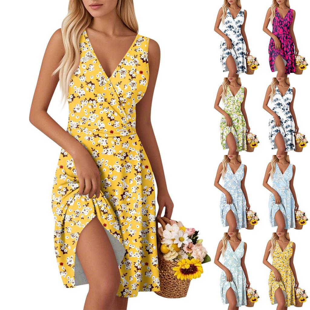 Dámské módní šaty bez rukávů s výstřihem do V a potiskem v pase