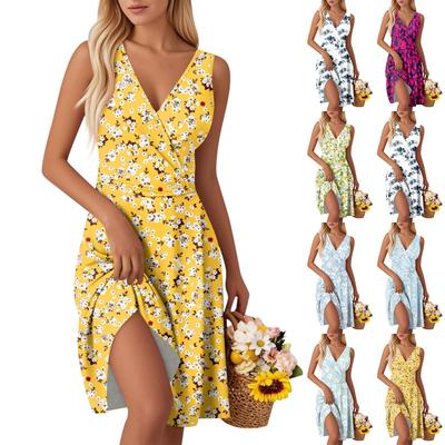 Women's Fashion V-Neck Waist Printed Sleeveless Vest Dresses