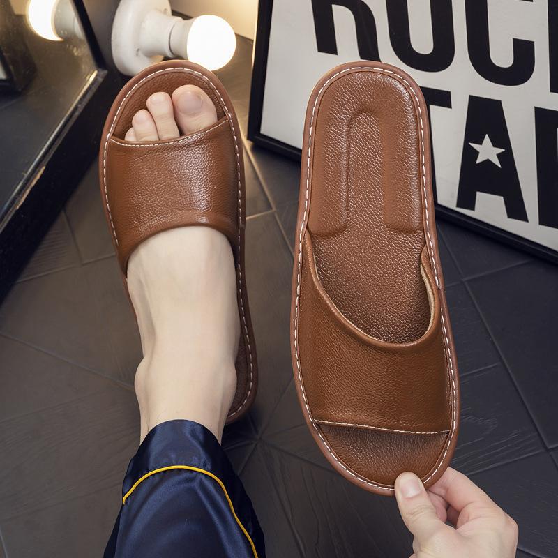 Fashion Men's Slippers High Quality Cow Leather Slippers Summer Open Toe Slipper Fashion Casual Beach Slides Comfort Couple Home Slipper