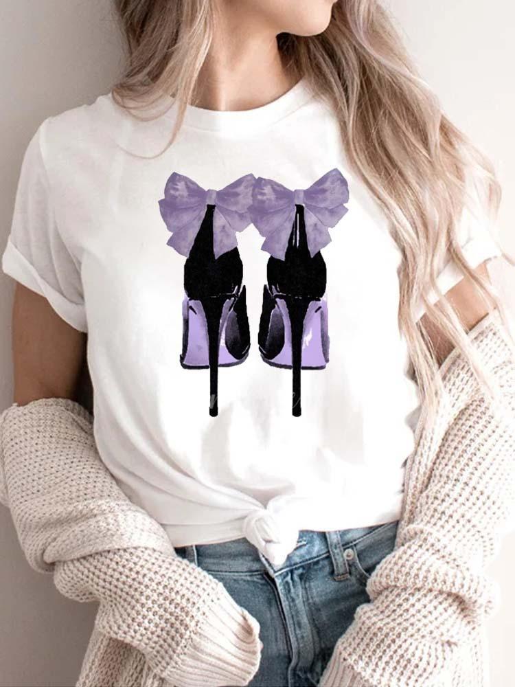 Modisches bedrucktes High-Heel-T-Shirt für Damen Modisches weißes Kurzarm-T-Shirt mit Schleifendesign Lässiges Home-Top für Mädchen