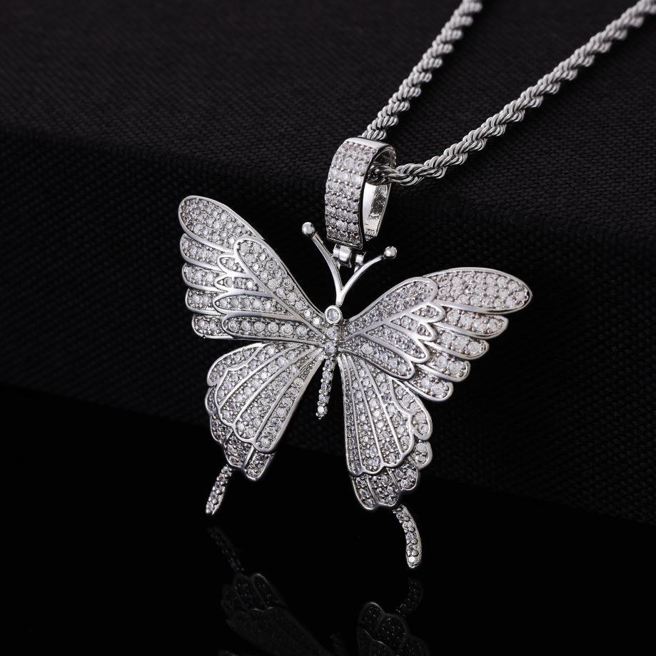European and American Hip Hop Full Diamond Copper Zircon Set Butterfly Pendant Fried Dough Twists Chain Necklace Design Versatile Hip Hop Jewelry