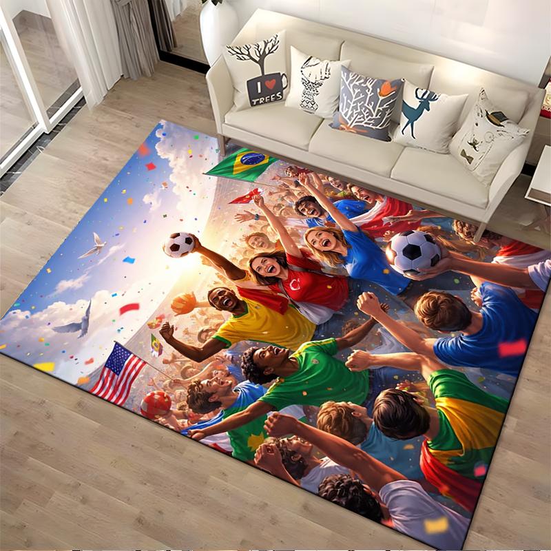 Soccer Celebration Carpet with Diverse Fans and Flags Design Suitable for use as an anti-slip for living room bedroom sofas