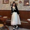 Autumn Large-size Women's Clothing New Fat Mm Fake Two-piece Velvet Dress Women's Bow Top Splicing Skirt