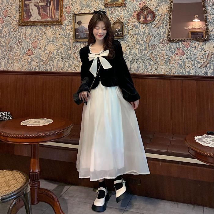 

Autumn large-size women s clothing new fat mm fake two-piece velvet dress women s bow top splicing skirt S