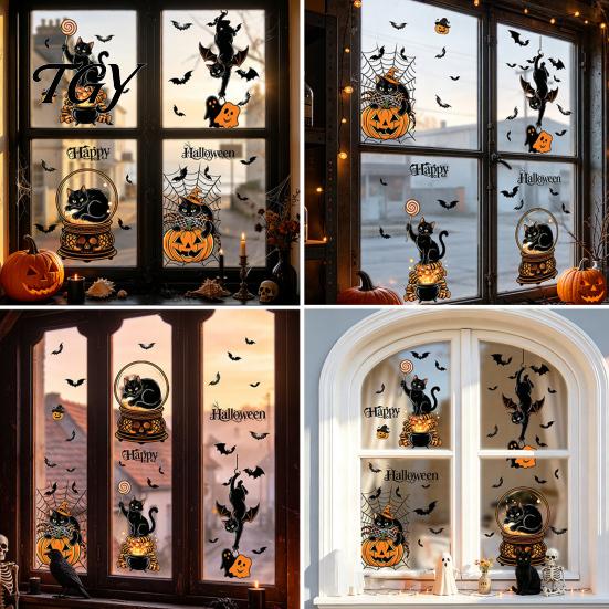 Waterproof Pumpkin Ghost Murals 4Pcs Halloween Cartoon Window Clings, Scarecrow Stickers, Festive Black Cat Wall Decor Removable Decals