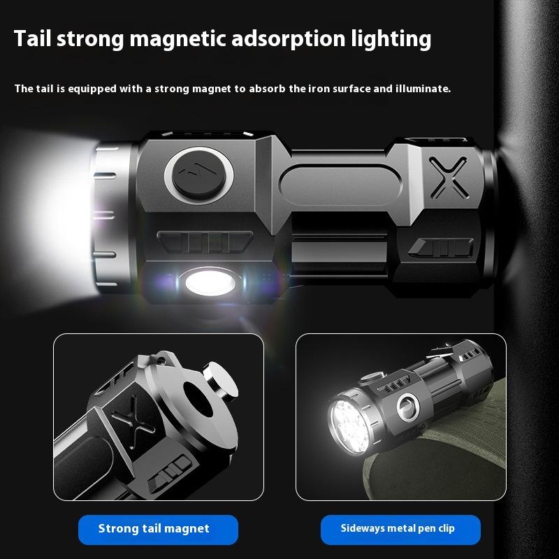 Mini Rechargeable Led Flashlight Camping Emergency Light With Side Lights And Lampshade Tail With Magnet For Exploring Camping