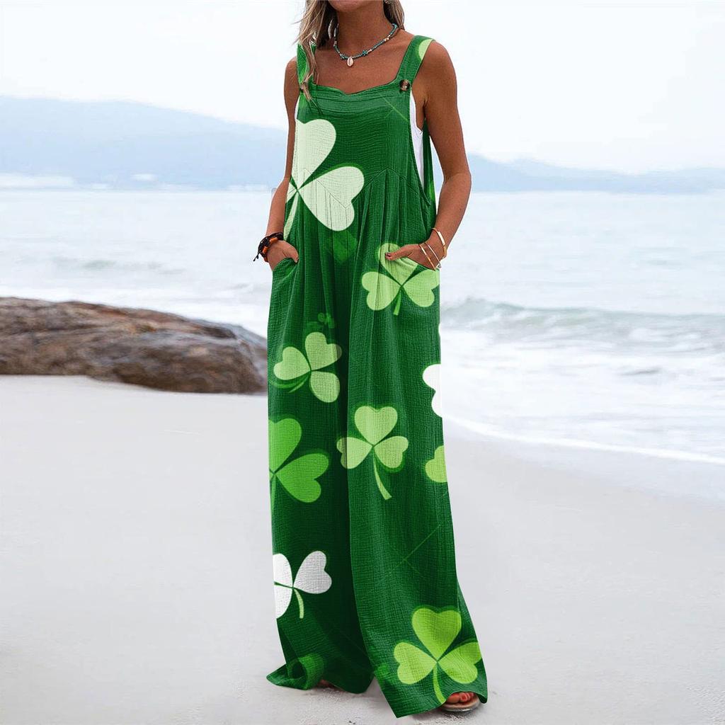 Wide Leg Overalls For Women Casual Loose Sleeveless Jumpsuits St. Patrick's Day Print Button Long Pant Romper Jumpsuit With Pockets