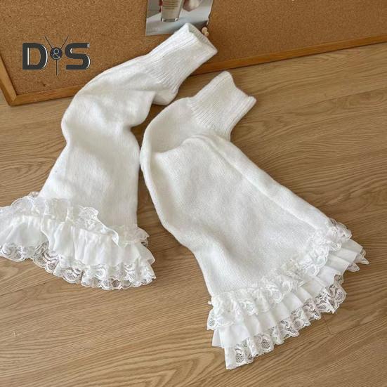 1 Pair Winter Calf Covers Lace Trim Knitted Anti-slip Solid Color Elastic Lolita Style JK Cosplay Performance Daily Wear Sports Outing Leg Warmers