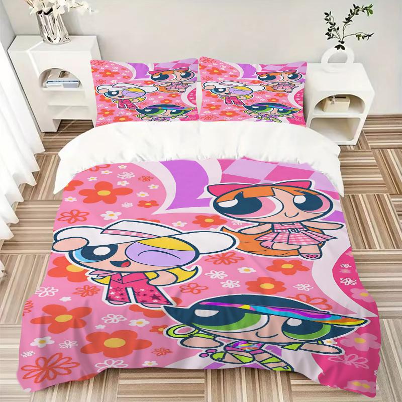3Pcs Powerpuff Girls Adventure Bedding Set Soft Fabric Duvet Cover Pillowcases Home Christmas Xmas Halloween Gift 1 Duvet Cover 2 Pillowcase G1140