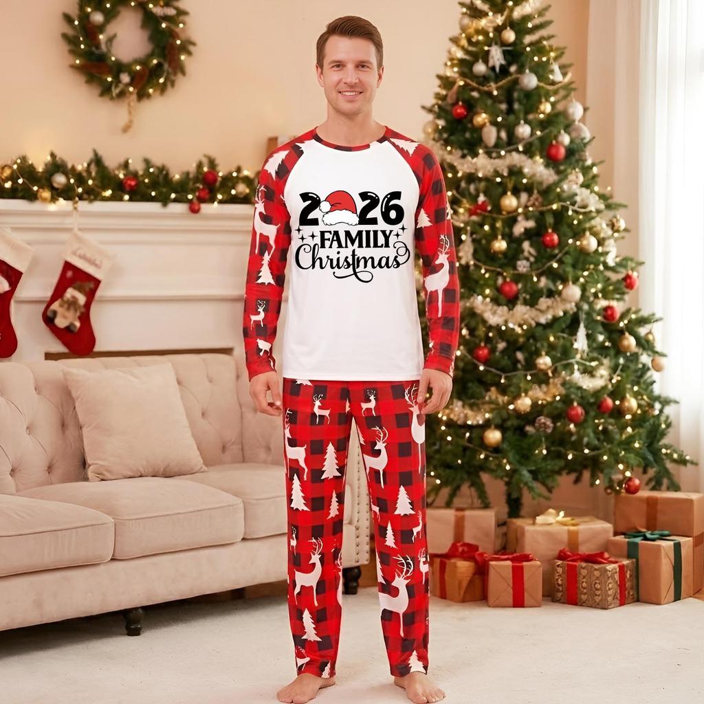 Family Matching Loungewear Set with Christmas Print, Round Neck, Long Sleeve and Pants