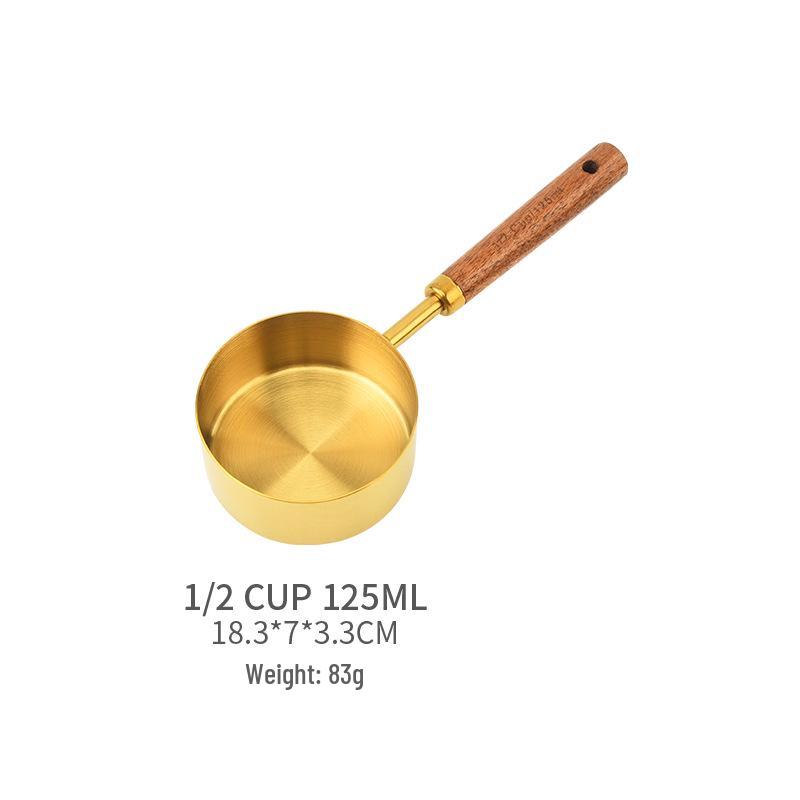 Gold-Plated Stainless Steel Measuring Cups & Spoons Set with Acacia Wood Handles – 8 Pieces