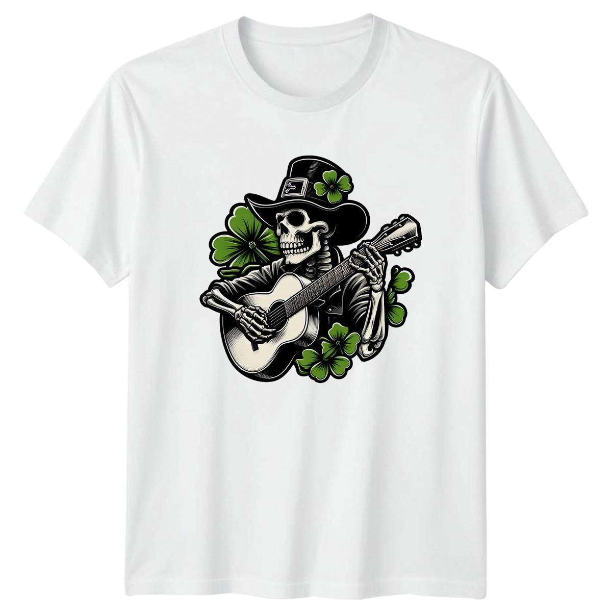 Skeleton Musician St Patricks Day Clover T-Shirt Irish Music Gift For Him L