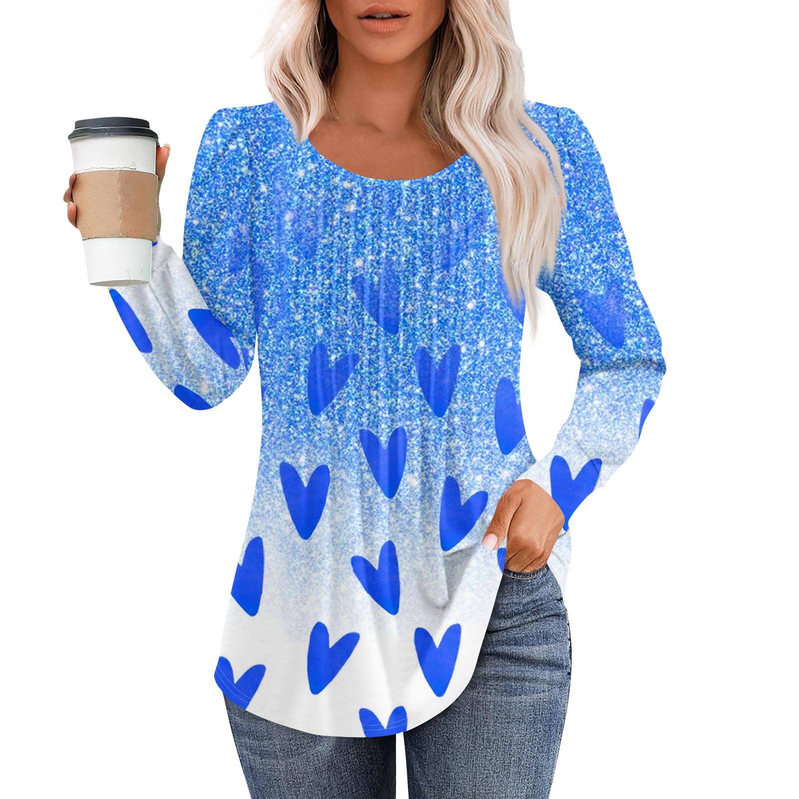 

Рубашки с длинным рукавом для женщин, топы, нарядные повседневные блузки, плиссированные топы-туники с круглым вырезом XL синий