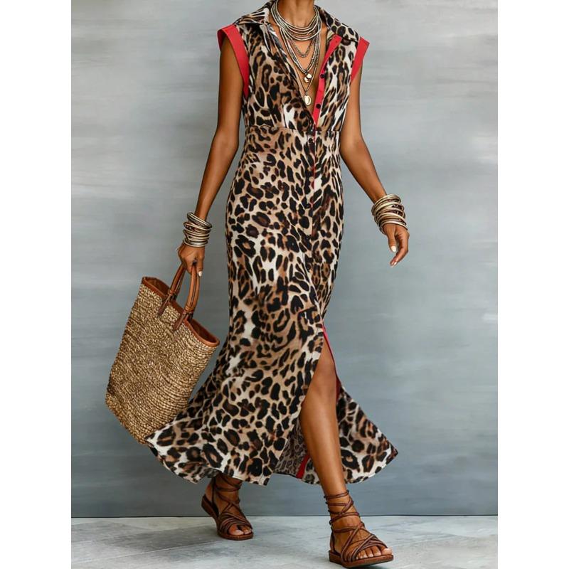 Summer Women Leopard Graphic Print Dress Fashion Elegant Casual Lapel Button Sleeveless Tank Long Dresses Ladies Slim Maxi Dress