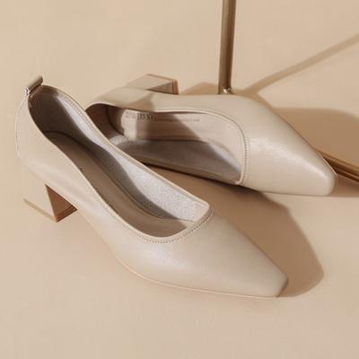 - Leather Small Square Head Thick Heel High Heels Soft Leather Work Shoes Middle Heel Cm Grandma Shoes New Single Shoes Women