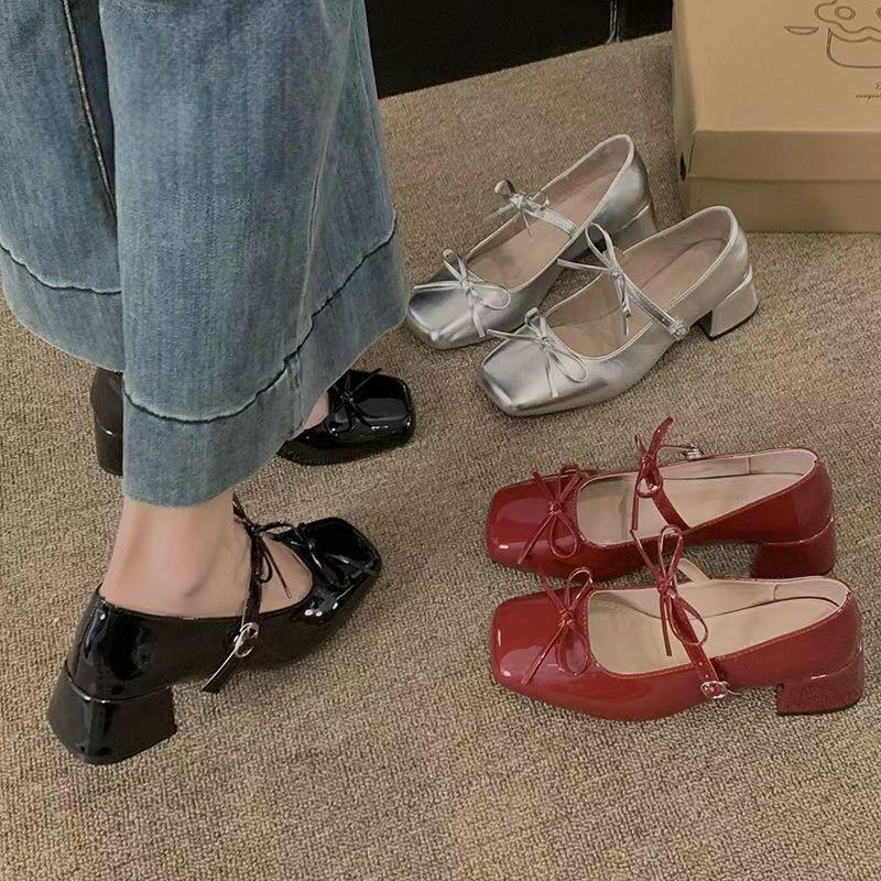 Bow French explosion Mary Jane single shoes women's square head fairy temperament silver small leather shoes 2025 spring new models