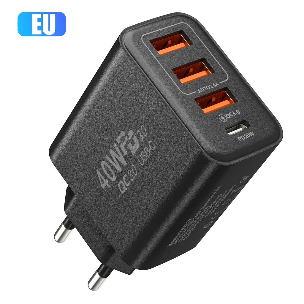 40W 4 Ports USB Type C Charger Quick Charge 3.0 EU/US/UK Plug Fast Charging For Samsung IPhone Xiaomi Phone PD Charge Adapter