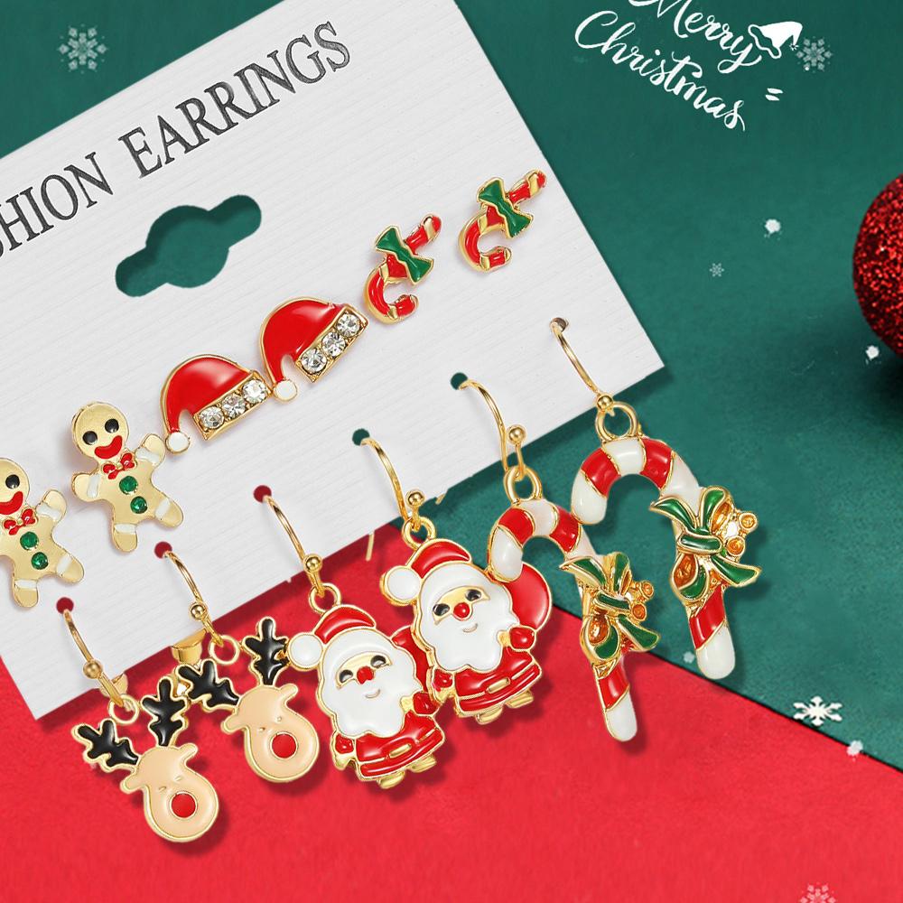 Modische Cartoon Süße Ohrringe Mit 6 Paaren Weihnachts-Stil Weihnachtsmann Und Weihnachts-Rentier Muster Ohrringe Accessoires