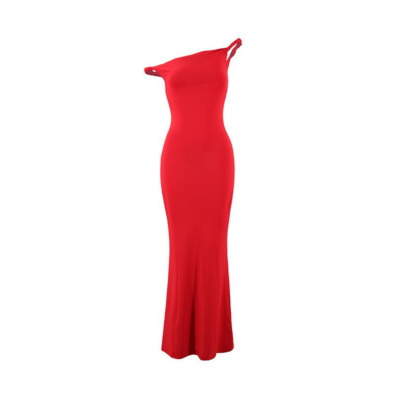 European and American Style 2026 Autumn Women's Clothing Sexy One-word Shoulder Slant Shoulder Slim Hip Wrap Solid Color Dress Women