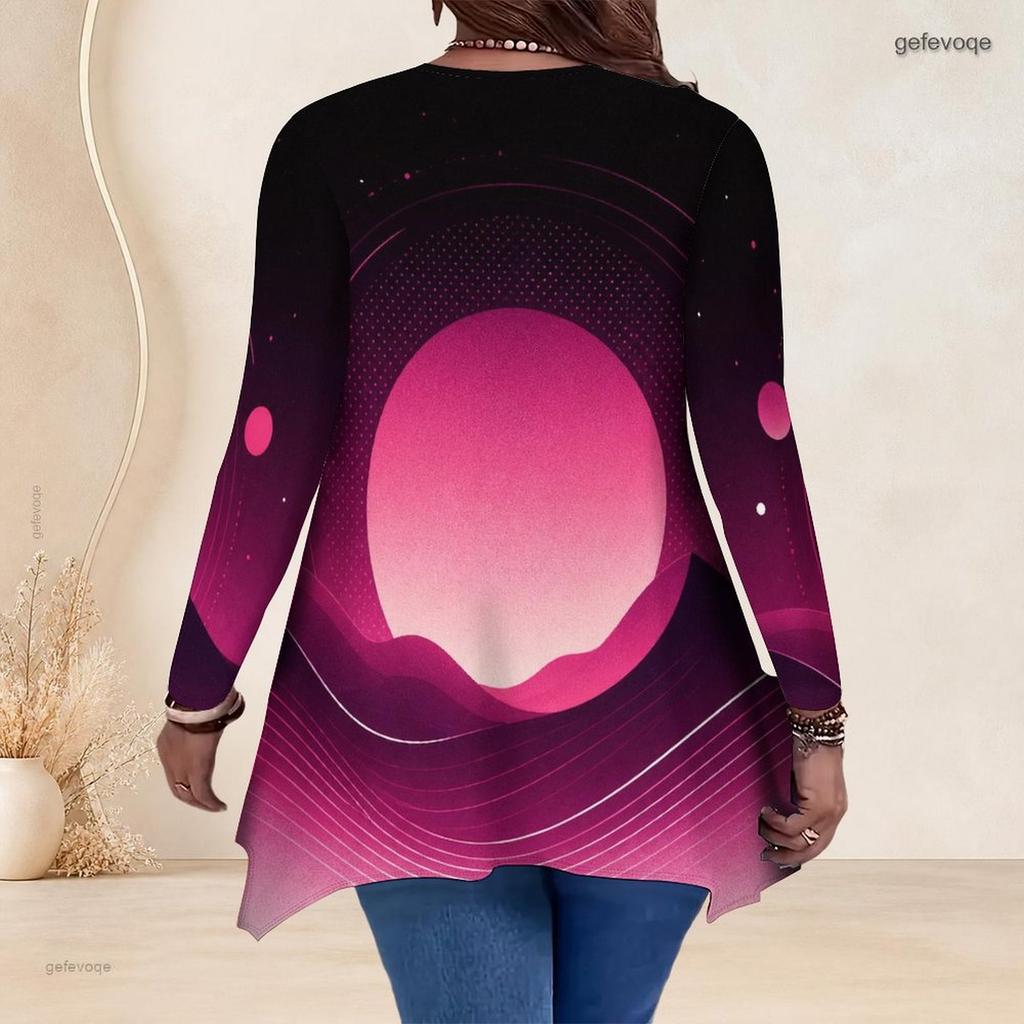 Women Plus Size V Neck Long Sleeve Colorful Printed Asymmetric Hem Flared Tunic Top