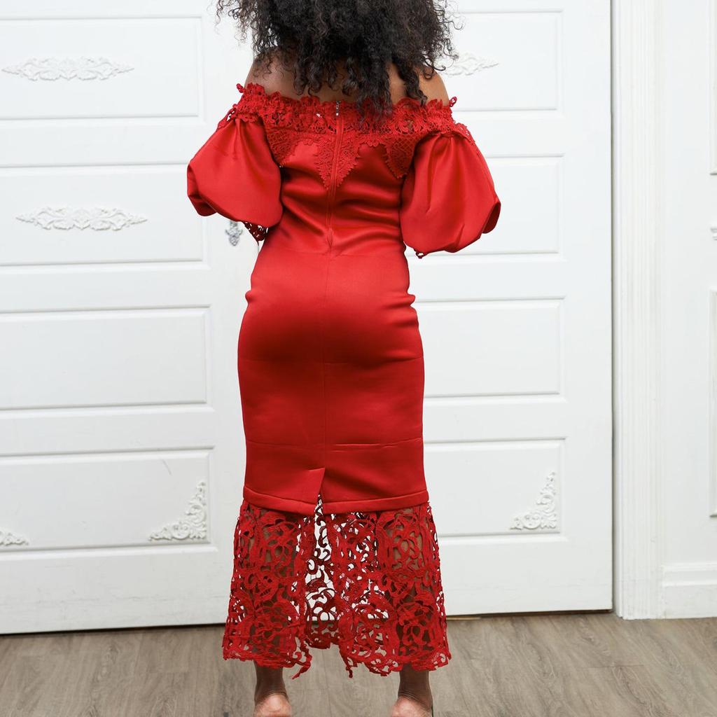 Women's One-Shoulder Lace Banquet Dress with Lantern Sleeves
