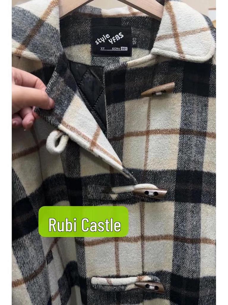 2025 Mädchen Koreanischer Stil Karierter Wollmantel - Mittellang Herbst/Winter Modetrend