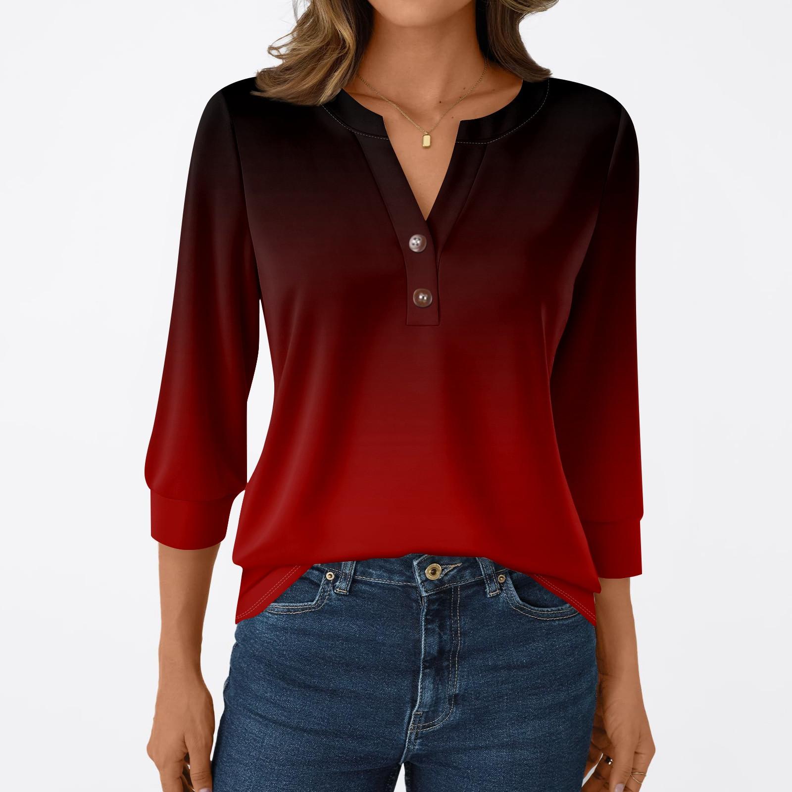 

Women s Fashion Casual 3/4 Sleeve T-Shirt Prints V-Neck Button Top M