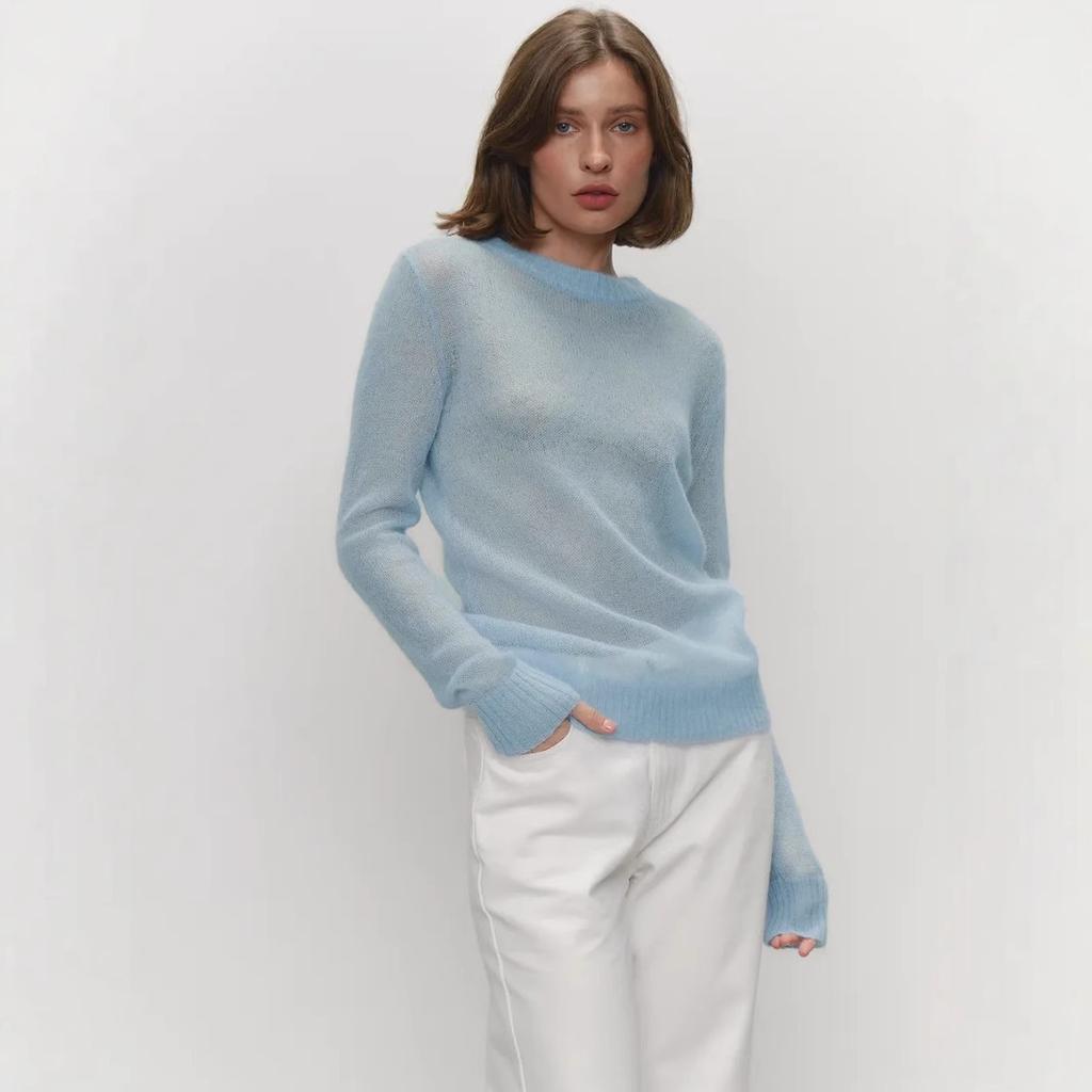 Spring Summer Mohair Round Neck Sweater Women's Semi-transparent Design Comfortable Versatile Knitted Bottoming Top