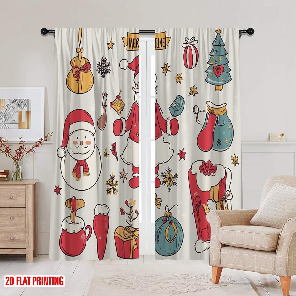 2pcs,2D Plane Printing Window Curtain Christmas Ornaments Merry Christmas Gifts Polyester Fabric (without Rod) Decorations For