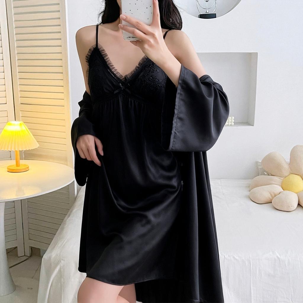 Internet Celebrity Sexy Nightgown Women's Summer Suspenders Ice Silk Pajamas Lace Thin Hanging Skirt Nightgown Homewear Two-piece Set